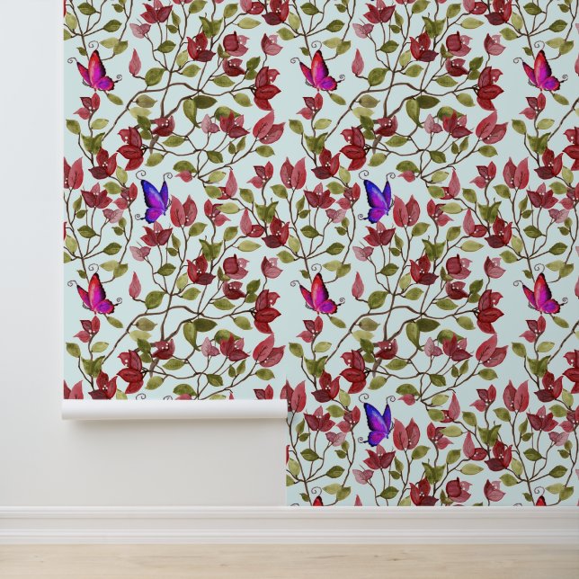 Rote Bougainvillea Blume mit Schmetterlingen Tapete (Anwendung)