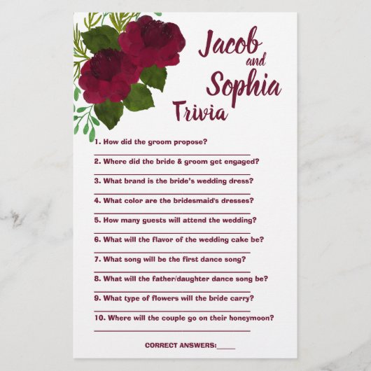 ROTE BRIDE & GROOM TRIVIA DUSCHKARTE FLYER (Vorne)