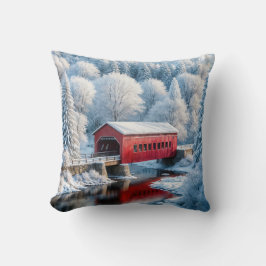 Rote Brücke im Winterwald Kissen