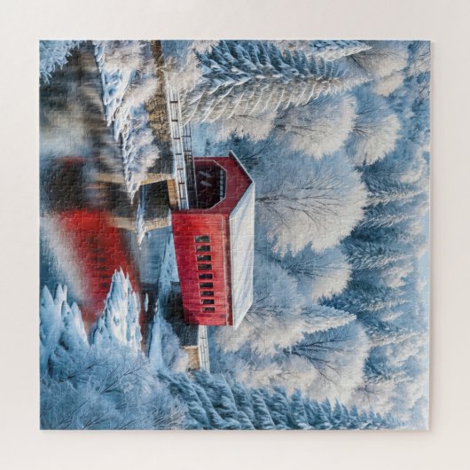 Rote Brücke im Winterwald Puzzle (Horizontal)