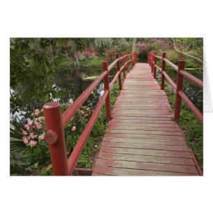 Rote Brücke über den Teich, Magnolia Plantation,