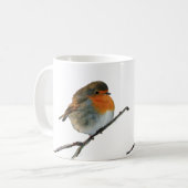 Rote Brüste europäischen Englisch-Robin-Vogels auf Kaffeetasse (Vorderseite Links)