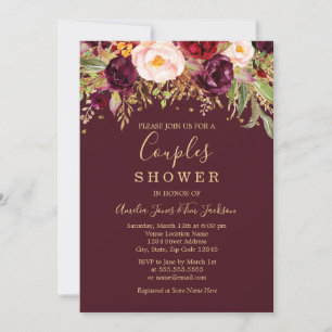Rote Burgunder-Gold-Glitter-Blumen-Paar-Dusche Einladung