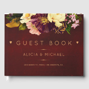 Rote Burgunder-Gold-Kupfer-Blumen-Winterhochzeit Gästebuch