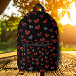 Rote Burgunder Silber Glitter Herzen auf Schwarz Bedruckter Rucksack