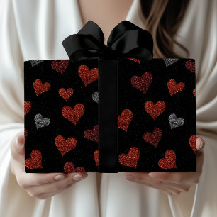 Rote Burgunder Silber Glitter Herzen auf Schwarz Geschenkpapier