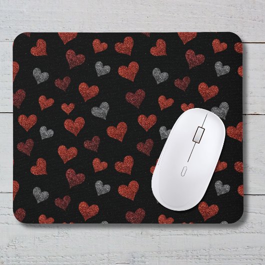 Rote Burgunder Silber Glitter Herzen auf Schwarz Mousepad
