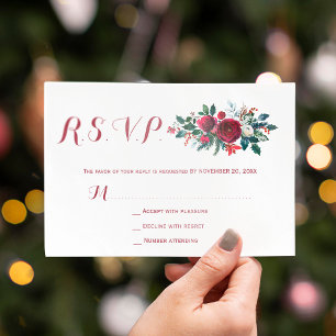 Rote burgundische Winterponies Blumenhochzeit RSVP Karte