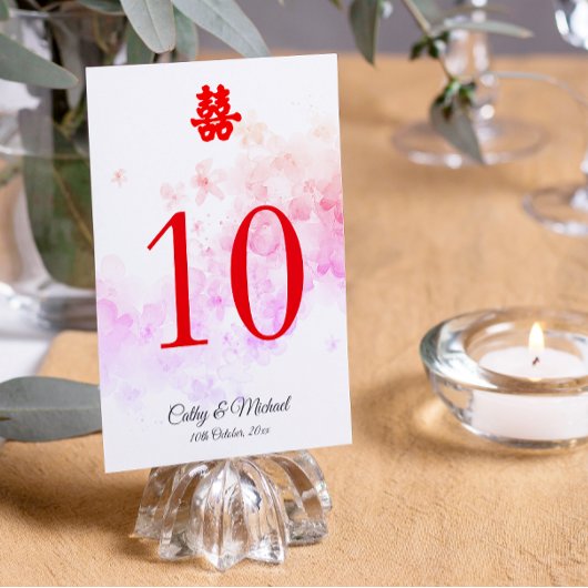 Rote Chinesische Hochzeit Aquarellkirsche Blüte Tischnummer