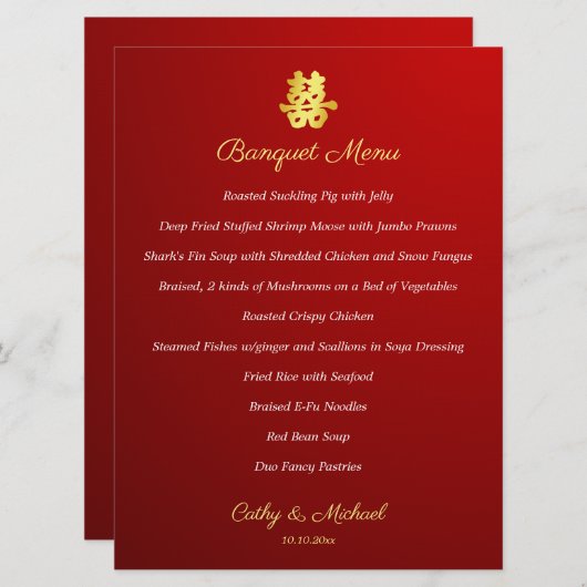 Rote chinesische Hochzeit mit doppeltem Glück Menükarte (Vorne/Hinten)