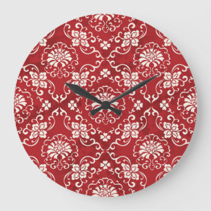 Rote chinesische Spiralen-Blumen-Hintergrund. Große Wanduhr