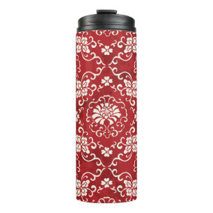Rote chinesische Spiralen-Blumen-Hintergrund. Thermosbecher