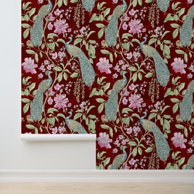 Rote Chinoiserie Pfauenblume Tapete (Anwendung)