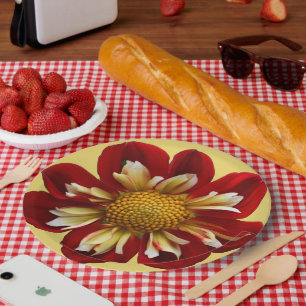 Rote Collarette Dahlia auf der Gelben Flora Pappteller