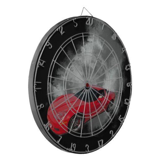 Rote Corvette mit grauem, rauchabnehmbarem Hinterg Dartscheibe (Vorderseite Links)