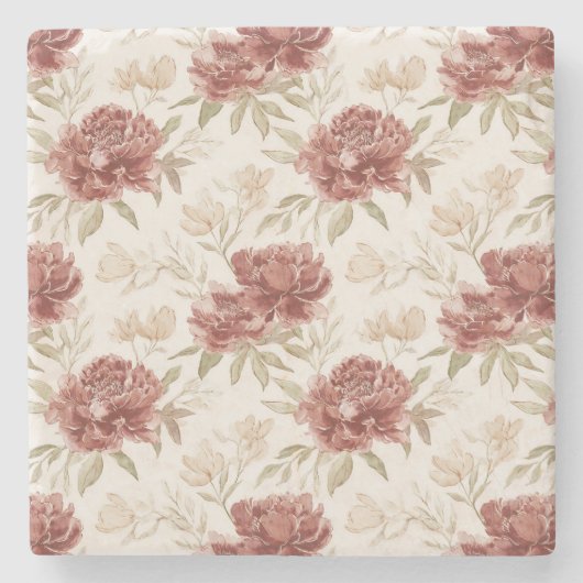 Rote Creme Blumen Steinuntersetzer (Vorderseite)