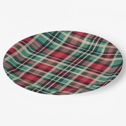 Rote Creme Grüne Karierte Streifen Pappteller (Schrägansicht)