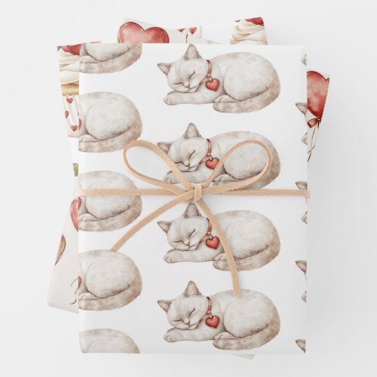 Rote Creme Herz Balloons Katzen Cupcakes Geburtsta Geschenkpapier Set (Beispiel)