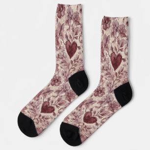 Rote Creme-Herzen Floral Socken
