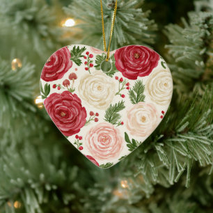 Rote Creme Rosa Blumen Weihnachten Keramik Ornament