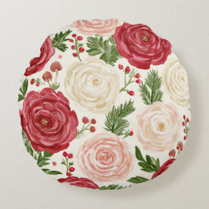 Rote Creme Rosa Blumen Weihnachten Rundes Kissen
