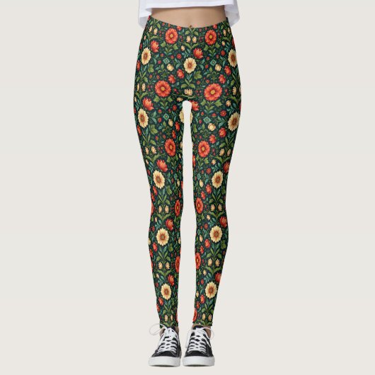 Rote Creme und Blumen Leggings (Vorderseite)