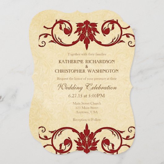 Rote Creme Wirbel Vintage Hochzeit Einladung (Vorne/Hinten)