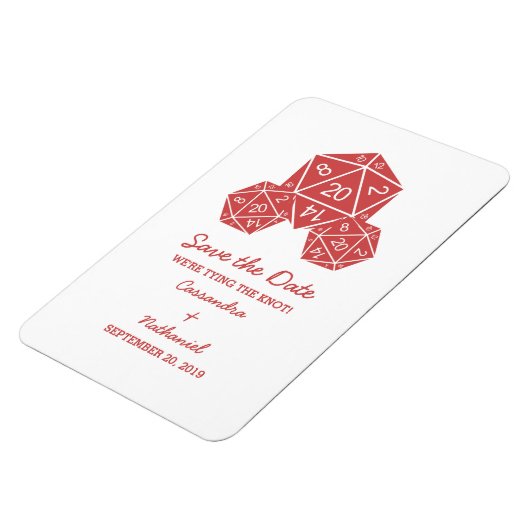 Rote D20-Würfel speichern das Datumsfenster Magnet (Linke Seite)