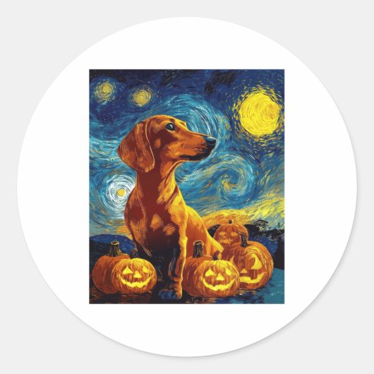Rote Dackel von van gogh sternenbester Nacht hallo Runder Aufkleber (Vorderseite)