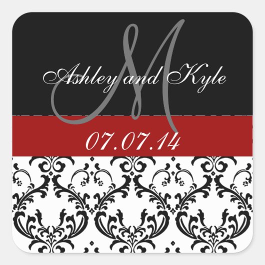 Rote Damask Monogram Save the Date Stickers (Vorderseite)