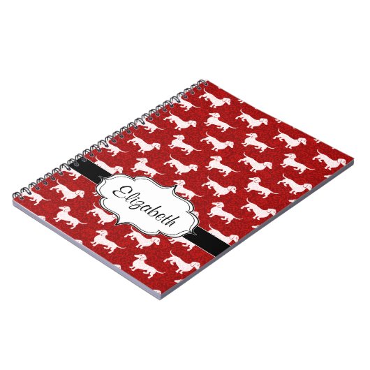 Rote Damast-Dackeln Notizblock (Linke Seite)