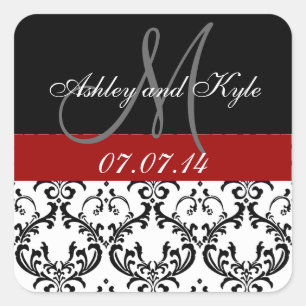 Rote Damast-Monogramm-Aufkleber 'Save the Date' Quadratischer Aufkleber