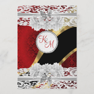 Rote Damast- und weiße Spitzen-Monogramm-Hochzeit Einladung