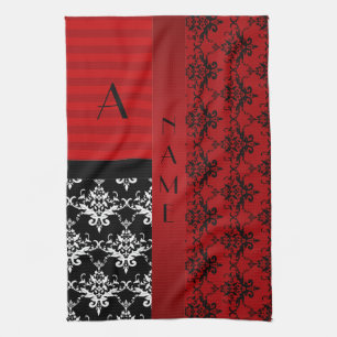 Rote Damaststreifen des Namens und des Monogramms Handtuch