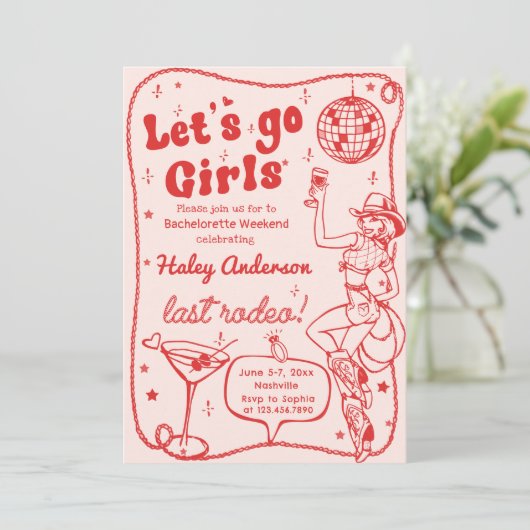 Rote Disco Rodeo Cowgirl Bachelorette Einladung (Stehend Vorderseite)