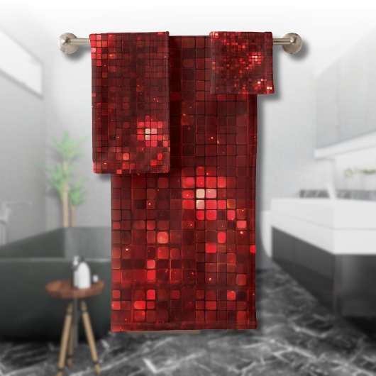 Rote Disco-Style-Quadrate Valentinstag-Muster Badhandtuch Set