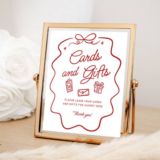 Rote Doodle-Karten und Geschenke-Auslage Poster