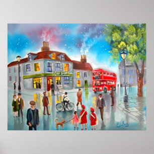 Rote Doppeldeckerbusstraßen-Szenenmalerei Poster