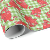 Rote Drachen auf grünem Gingham-Wrapping-Papier Geschenkpapier (Rolleneckpunkt)