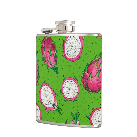 Rote Drachenfrucht auf Grün Flachmann (Links)