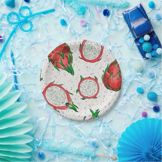 Rote Drachenfrucht auf Weiß Pappteller (Party)