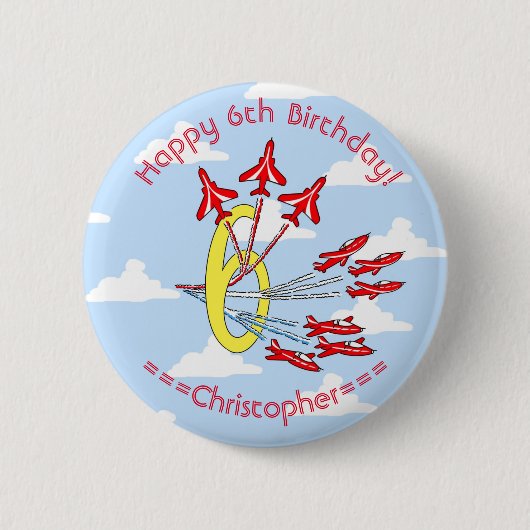 Rote Düsenflugzeuge 6. Geburtstag Blauer Himmel Button (Vorderseite)