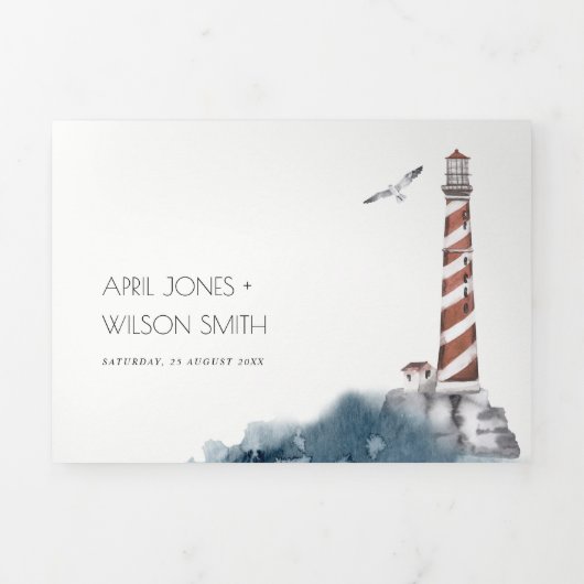 ROTE DUSKY BLAUE LIGHTHOUSE MEER WASSERFARBE DREIFACH GEFALTETE EINLADUNG (Cover)