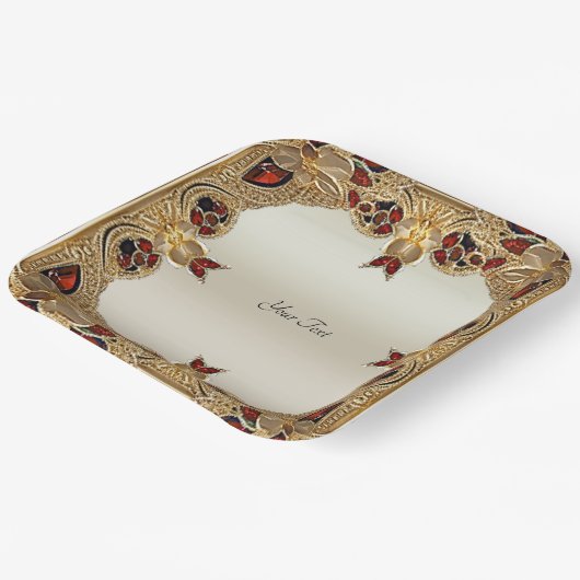 Rote Edelsteinplatte für goldene Blume Pappteller (Gewinkelt)