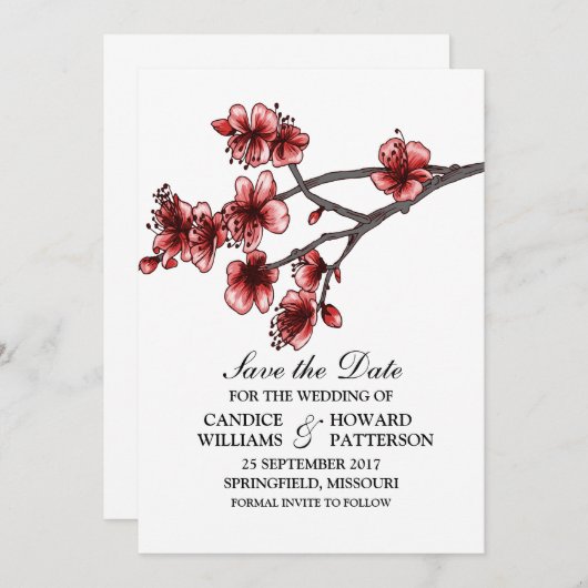 Rote Einfache Kirschblüten laden Save the Date ein (Vorne/Hinten)