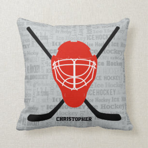 Rote Eis-Hockey-Sturzhelm-und Stock-Typografie Kissen