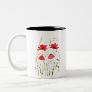 Rote elegante einfache Aquarell-Mohnblumen Zweifarbige Tasse