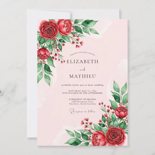 Rote Elegante Florale Hochzeit Einladung (Vorderseite)