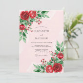 Rote Elegante Florale Hochzeit Einladung (Stehend Vorderseite)