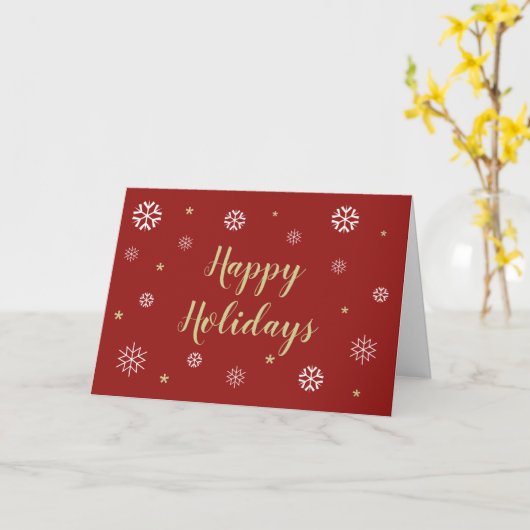 Rote Elegante Happy Holidays Typografie Schneefloc Karte (Gelbe Blume)
